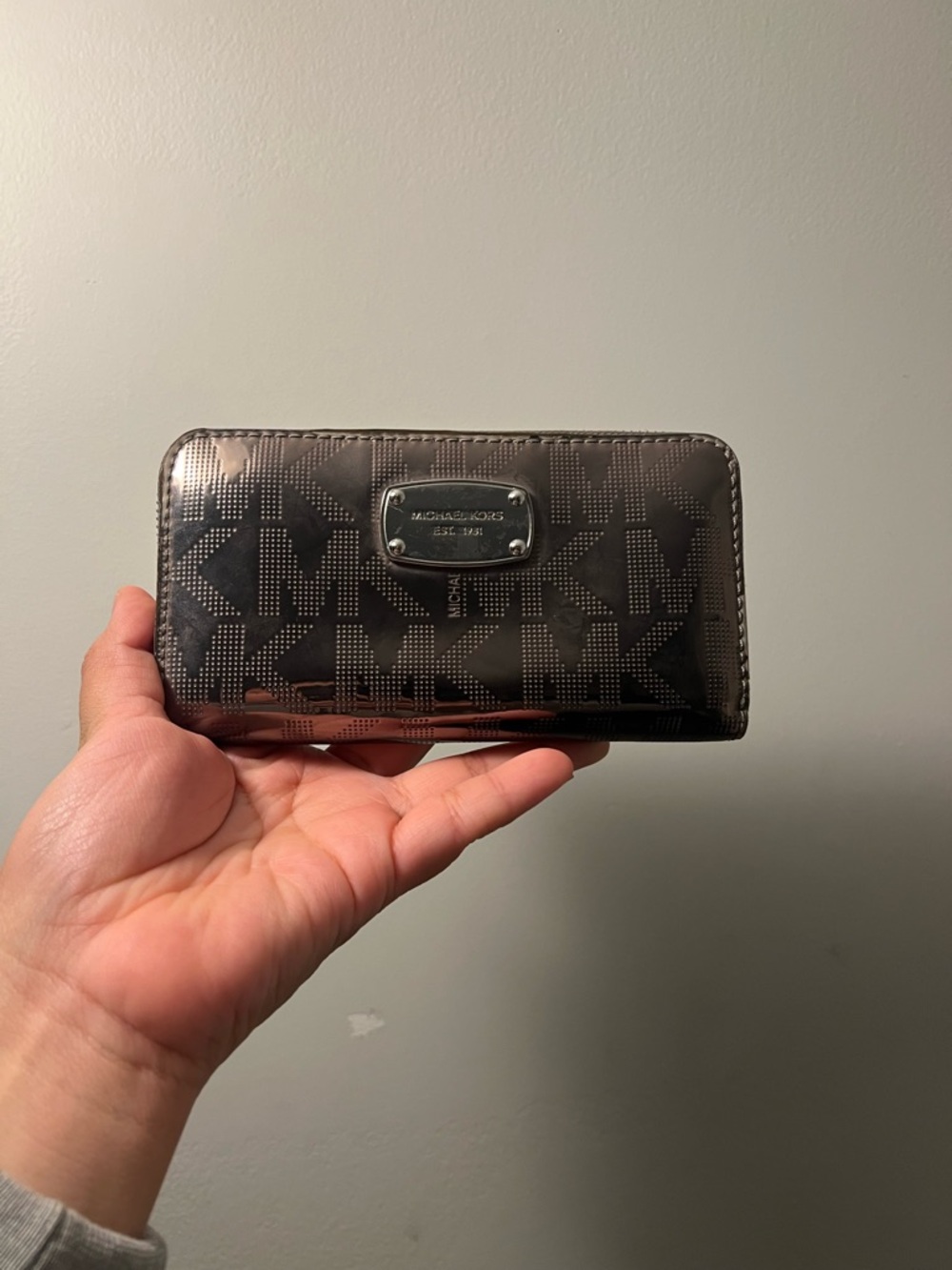 Michael Kors Gunmetal Patent MK Logo Zip Wallet